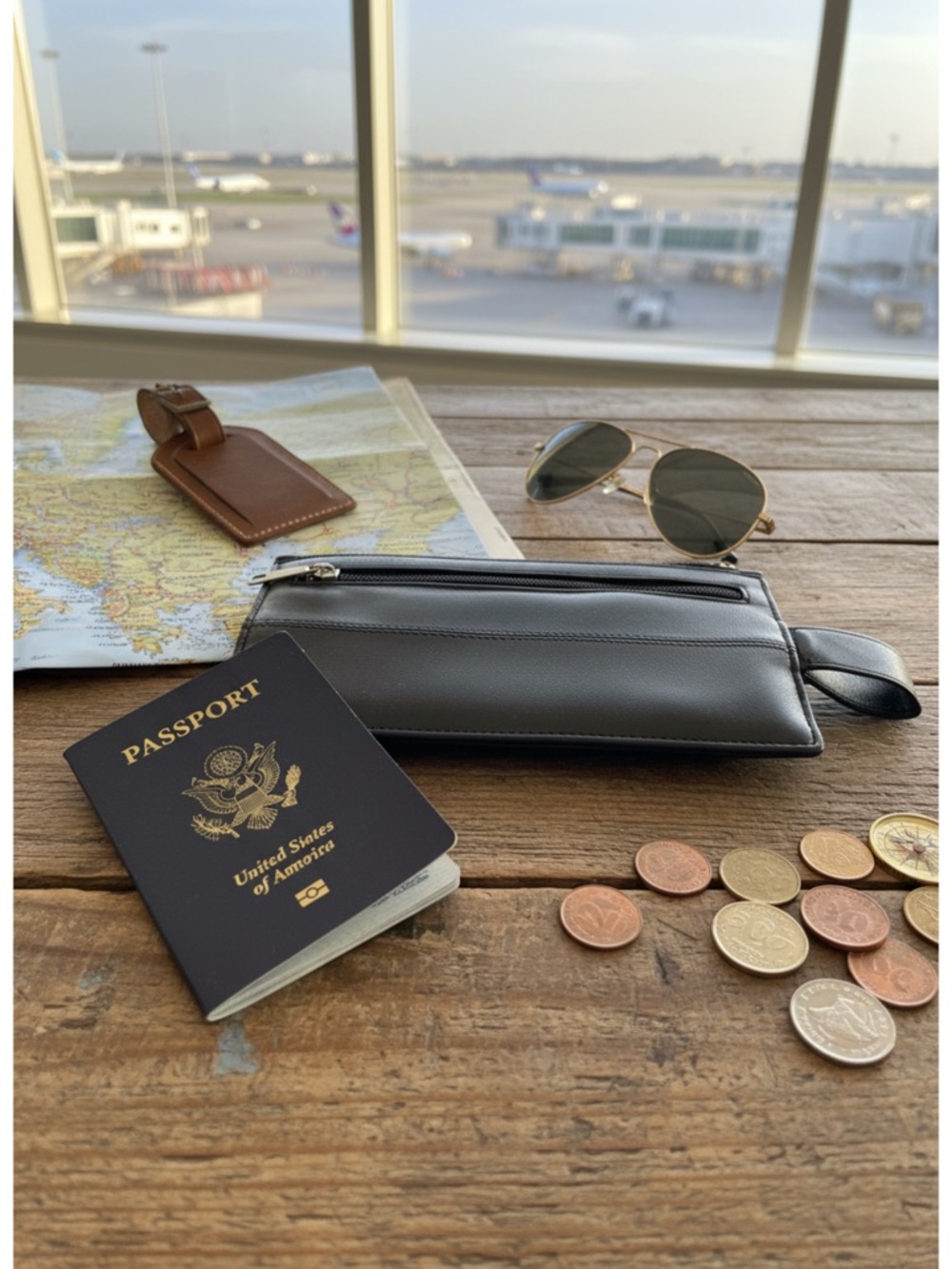 Black Leather Travel Zip Pouch - Sleek Passport organizer